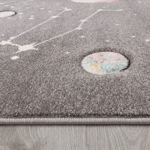Vista 2 de Paco Home Alfombra de juego para niños, diseño de galaxia, para habitación infantil, planetas y estrellas, color gris, tamaño: 2 pies 8 pulgadas x 4