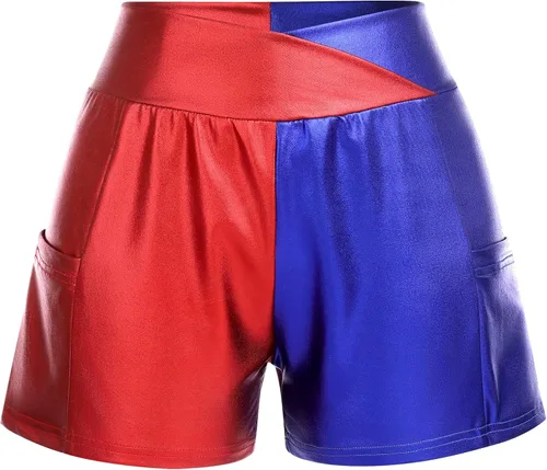 Vista 5 de ODASDO Pantalones cortos metálicos para mujer, cintura alta, pantalones con bolsillos, disfraz de Halloween, baile, fiesta, club