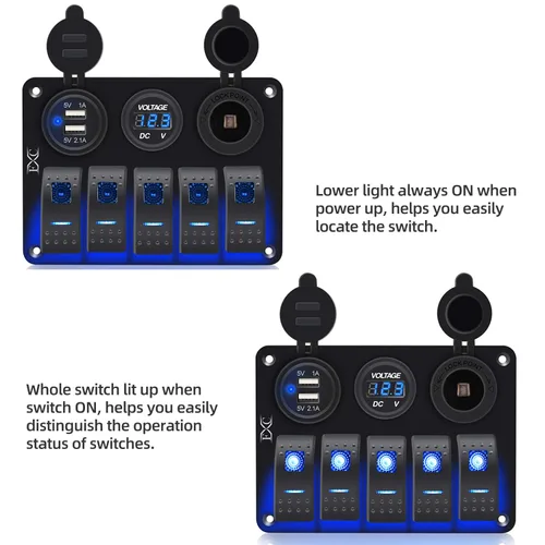 Vista 2 de FXC Interruptor basculante de barco marino impermeable, panel de aluminio de 5 segmentos con ranura USB dual 3.1A + medidor de voltios, luz LED azul