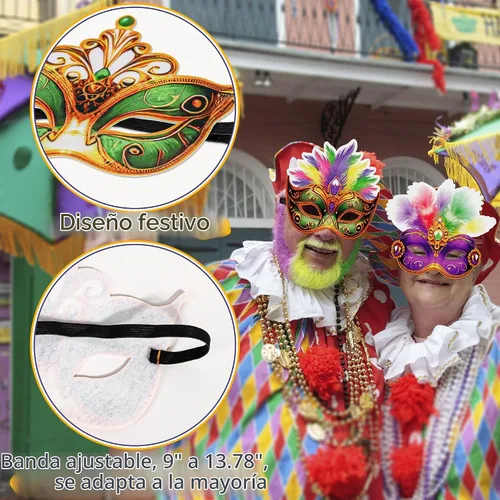 Vista 5 de Juego de 16 máscaras de Mardi Gras a granel: decoraciones para fiestas, recuerdos de carnaval (fieltro)