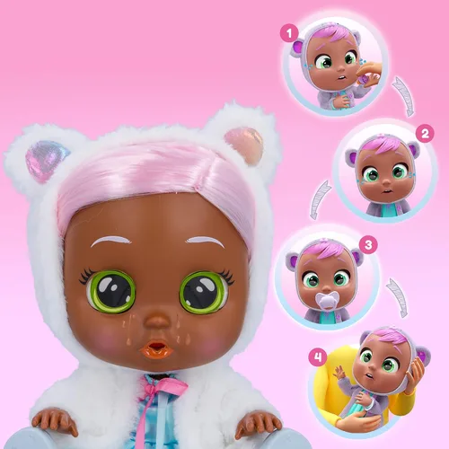 Vista 2 de Cry Babies Dressy Pearly - Muñeca bebé de 12 pulgadas, vestido azul, chaqueta blanca esponjosa con orejas de animales, para niñas y niños de 18