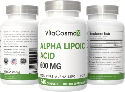 Vista 2 de Suplemento de ácido alfa lipoico, 600 mg por porción, 240 cápsulas vegetarianas 100% vegetarianas, sin OMG y sin gluten