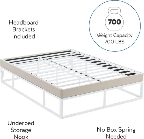 Vista 8 de Decoro Capri - Base de cama de metal blanco con base de colchón tapizada beige integrada, tamaño King