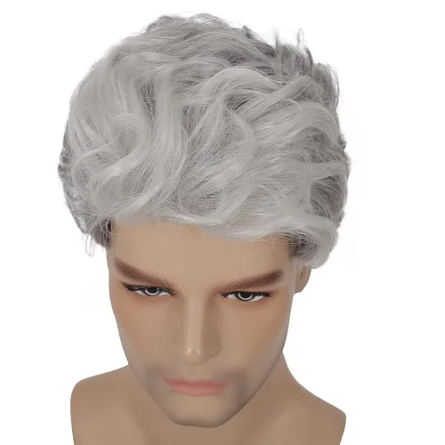 Vista 5 de Peluca gris corta para hombre, peluca sintética resistente al calor, para Halloween, cosplay, peluca de pelo