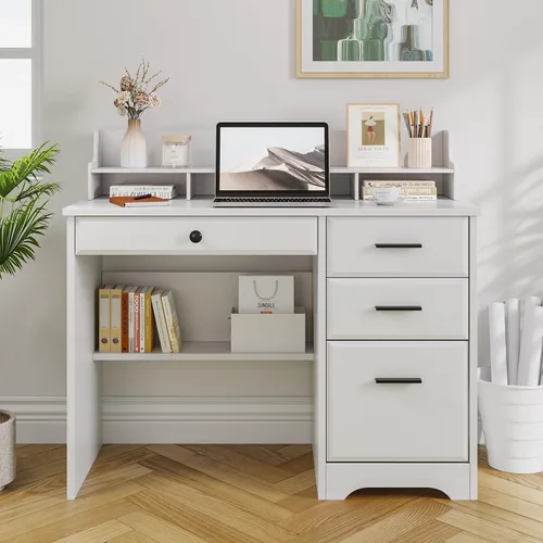 Vista 11 de 4 EVER WINNER - Escritorio para computadora con cajones para espacios pequeños, escritorio de madera con gabinete de archivos y soporte