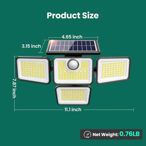 Vista 3 de Luces solares de 4500 lm para exteriores, 4 cabezales ajustables, luces con sensor de movimiento, 3 modos, 6500 K, IP65 impermeables, luces de pared