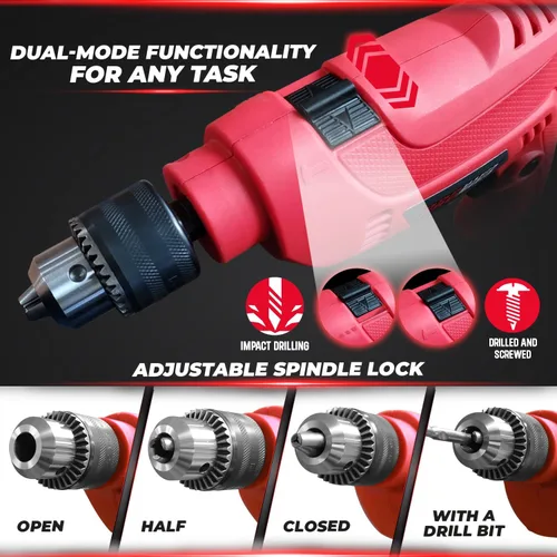 Vista 4 de PROMAKER Taladro con cable con 88 accesorios, 1/2 pulgada - Juego de herramientas con taladro y mango ajustable, - Taladro martillo con velocidad