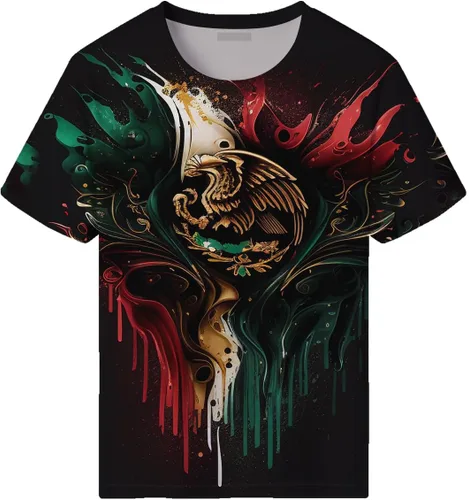 Vista 3 de Camiseta de moda de verano con estampado de bandera mexicana para hombre