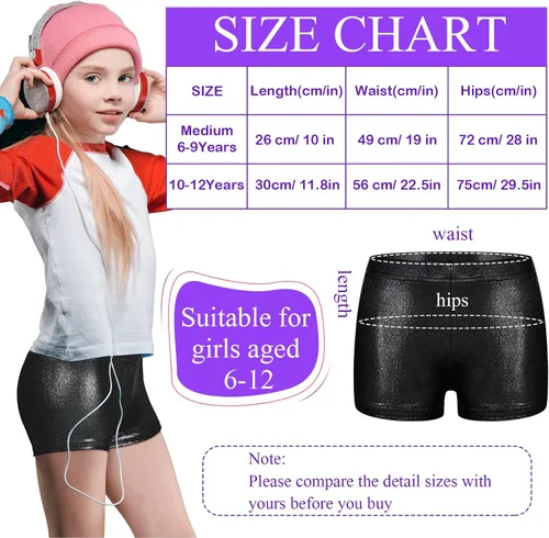 Vista 3 de SATINIOR 3 piezas de pantalones cortos de gimnasia para niñas con purpurina, pantalones cortos de ballet metálicos de elastano para niños y niñas