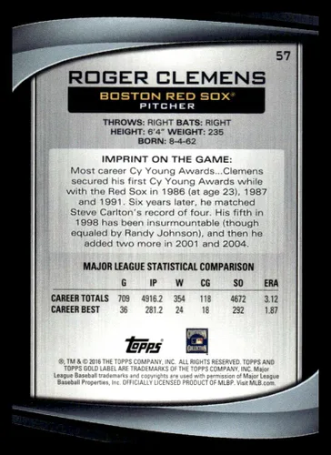 Vista 2 de 2016 Topps Gold Label Class 2#57 Roger Clemens NM-MT Boston Red Sox Baseball Trading Card