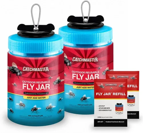 Vista 26 de Catchmaster - Trampa para moscas reutilizable para exteriores, 1 tarro azul colgante con cebo Catches All Species of Fly, Fly Traps Outdoor w