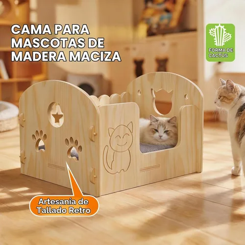 Vista 3 de Cama para gatos semicerrada de madera maciza con artesanía de tallado de dibujos animados, ahorro de espacio para apartamentos pequeños, estudios