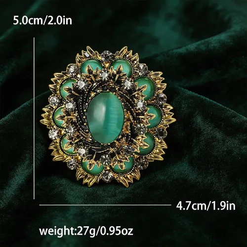 Vista 3 de Broche de piedra de ojo de gato barroco vintage para mujer, pin de solapa unisex Verde