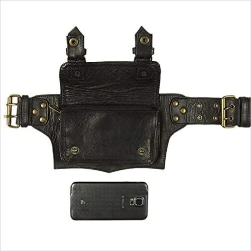 Vista 2 de Cangurera de cuero vintage para hombre y niño, bolsa de cuero para hombre, cinturón de mensajero, regalo para hombres y mujeres (negro)