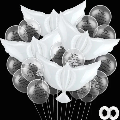 Vista 12 de Skylety 36 globos conmemorativos con 4 globos de paloma de la paz para liberar en recuerdo del cielo, decoraciones de helio para funerales, Negro