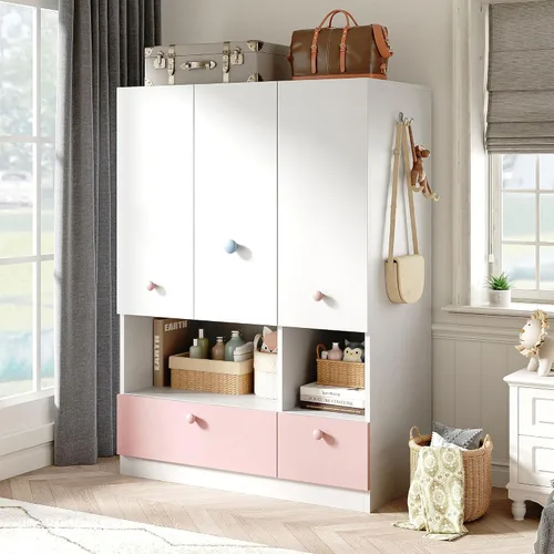 Vista 3 de Armario blanco con barra para colgar, armario independiente de madera de 3 puertas para dormitorio y dormitorio, armarios de dormitorio