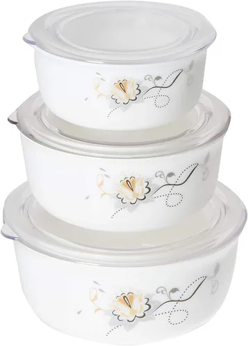 Vista 5 de Uniware High Quality Food Container Set/Food Organizer Set, 3 bowls + 3 Lids, Gift Box, OPAL GLASSWARE, Dishwasher safe (Golden Flower)
