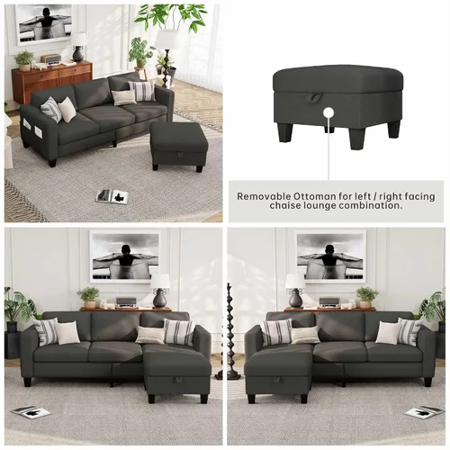 Vista 5 de Sofás Seccionales para Sala de Estar - Sofá Moderno en Forma de L de Lino Gris Oscuro de 3 Plazas con Otomana de Almacenamiento Reversible