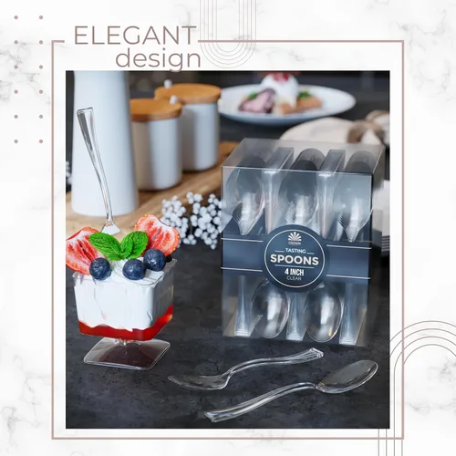 Vista 5 de Mini cucharas de postre – Paquete a granel de 100 cucharas desechables transparentes de plástico de 4 pulgadas para aperitivos – Aspecto real