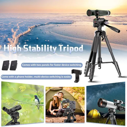 Vista 4 de Trípode binocular, soporte de trípode de telescopio terrestre de 72 pulgadas con adaptador binocular y 2 placas QR, soporte para cámara de viaje