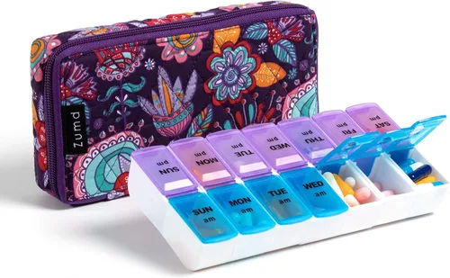 Vista 9 de Organizador Semanal de Pastillas 2 Veces al Día, Pastillero Zumd de 7 Días con Bonita Funda de Tela Acolchada con Cremallera, Estuche de Pastillas