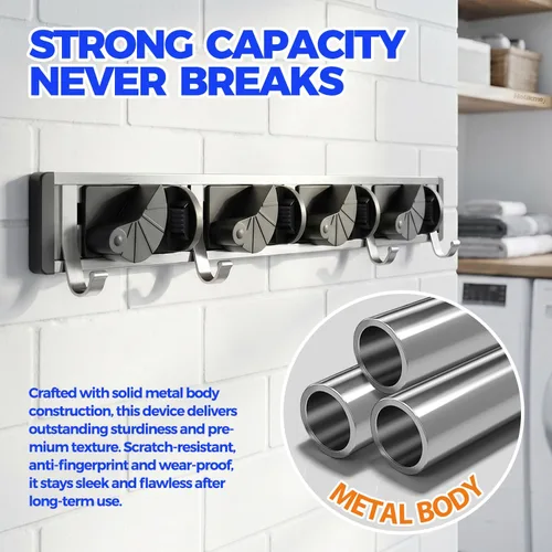 Vista 2 de Holikme Soporte para Escobas y Fregonas de Pared, Organizador de Metal para Despensa y Almacenamiento, Organizador de Herramientas de Cocina