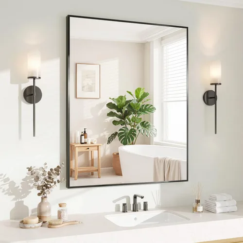 Vista 39 de Koonmi Espejo de pared rectangular negro, espejo de baño de 20 x 30 pulgadas, espejo de tocador con marco de aluminio para entrada, sala de estar