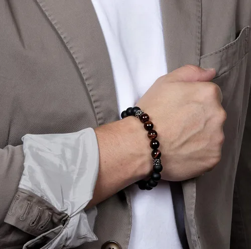 Vista 3 de SPARTAN Brazalete de cuentas para hombre con ágata negra mate y varias gemas con conectores de plata de ley 925, 0.394 in