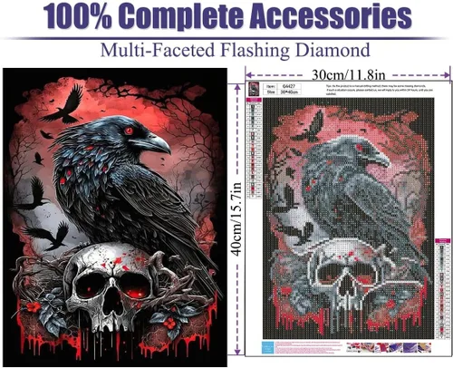 Vista 3 de Mrnsiet Kits de pintura de diamantes de Halloween para adultos, pintura de diamante de cuervo 5D para principiantes, kits de arte de diamantes