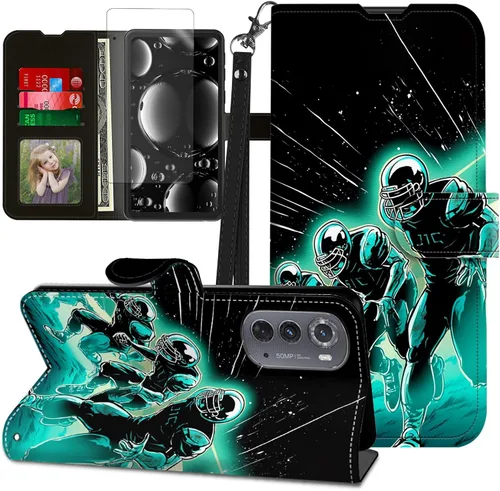 Vista 141 de Funda para Motorola Edge 2022 con protector de pantalla, soporte y tarjetero y correa para la muñeca, funda magnética para Moto Edge 2022 5G UW Lobo