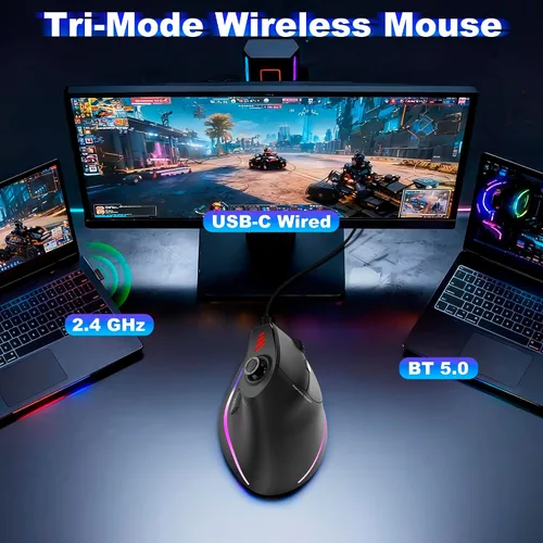 Vista 5 de TRELC Mouse inalámbrico para juegos con balancín 5 D, 24000 DPI/11 botones programables, mouse ergonómico para conexión de 2 dispositivos