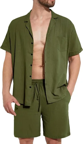 Vista 3 de THWEI Conjunto de 2 piezas para hombre, camisa de manga corta, casual, algodón, con botones, para verano, playa, vacaciones