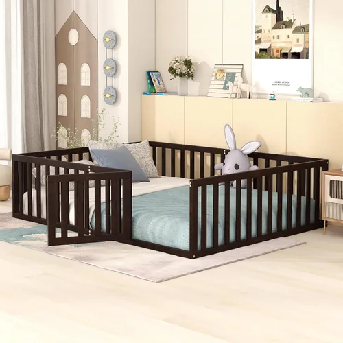 Vista 9 de Bellemave Cama de suelo para niños, marco de cama Montessori tamaño Queen con barandillas de valla para niños, camas de madera para niños y niñas