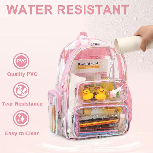Vista 4 de CAMTOP Mochila transparente resistente y transparente para estudiantes, escuela, trabajo, festival, viajes, deportes, Rosado, Camtop Mochila