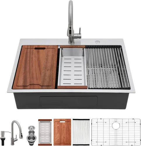 Vista 31 de Lordear - Fregadero de barra – Fregadero de barra dorado de 13 x 15 pulgadas con grifo dispensador de jabón, estación de trabajo, calibre 16 T304