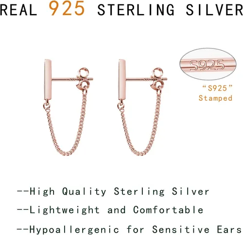 Vista 6 de Reffeer Aretes de plata de ley 925 maciza, aretes minimalistas con cadena para mujer