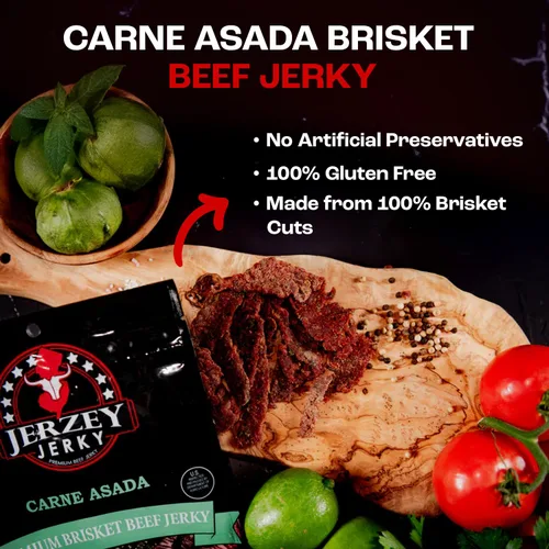 Vista 3 de Jerzey Jerky Carne Asada Brisket Jerky 2.5oz (2 Pack) – Bocadillos de carne de brisket asada con alto contenido en proteínas, sin gluten