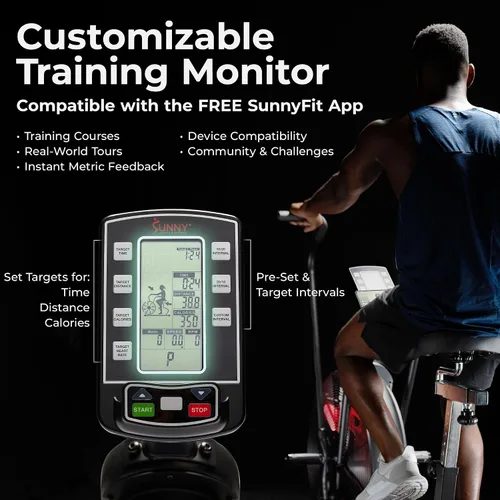 Vista 4 de Sunny Health & Fitness Smart Fan Bike for Home Gym, Full Body HIIT & Interval Cardio Training with Air Resistance, Customizable Performance Monitor