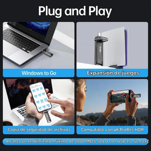 Vista 5 de SSK Unidades de estado sólido externas 2TB Máximo hasta 2000mb/s Disco duro externo USB 3.2 Gen 2x2 SSD portátil de aleación de zinc USB C Unidad