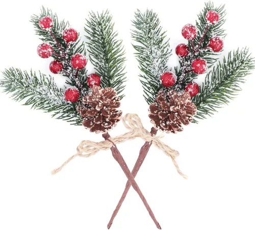 Vista 3 de 12 piezas de púas artificiales de pino para árbol de Navidad con bayas rojas, conos de pino, moño de lazo, ramas artificiales de pino, tallos, rocío