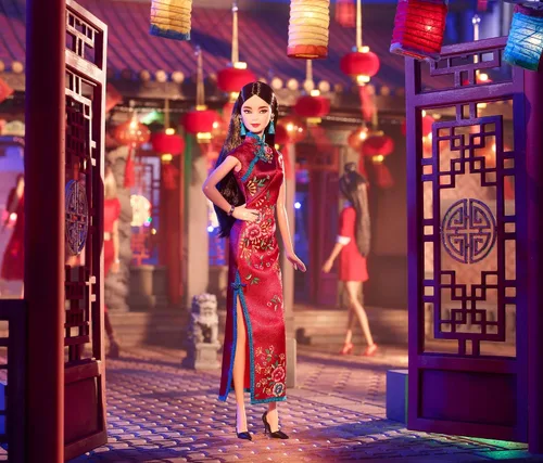 Vista 2 de Muñeca Barbie Signature Año Nuevo Lunar (de 12 pulgadas, morena) con vestido rojo de satén cheongsam con accesorios, regalo coleccionable para niños
