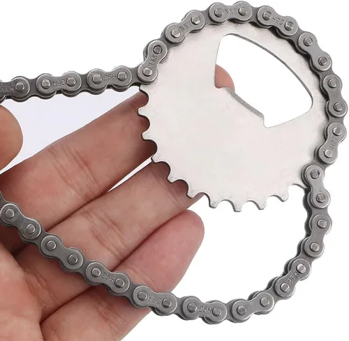 Vista 2 de Pokinge Abrebotellas con engranaje de cadena, abridor de cerveza de metal plateado, novedad para bicicleta, cadena de bebidas, abrebotellas