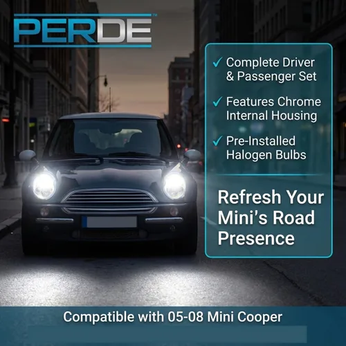 Vista 4 de Set de luces delanteras PERDE con carcasa cromada y lentes de alto rendimiento Compatible con Mini Cooper – sin juntas