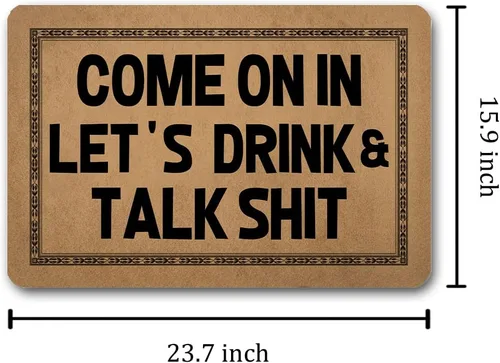 Vista 3 de Divertida alfombra de bienvenida para entrada interior y porche, alfombra de decoración de porche con texto en inglés "Come On In Let's Drink and