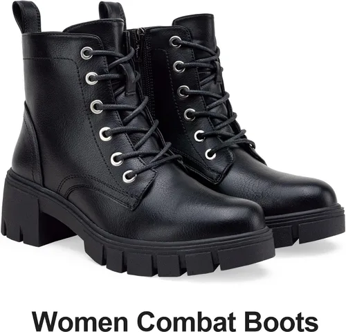 Vista 5 de Vepose Botines de combate 9626 para mujer, plataforma con cordones y tacón grueso con cremallera lateral