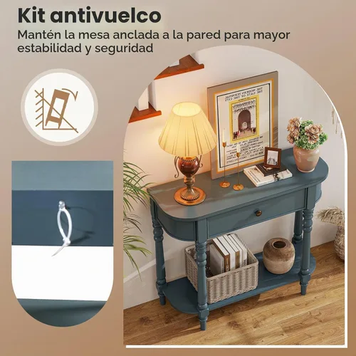 Vista 6 de Giantex Mesa consola de 2 niveles, mesa de entrada retro de 36 pulgadas con cajón de almacenamiento y patas elegantes, mesa de sofá de madera Azul