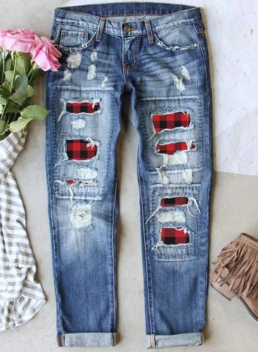 Vista 5 de Astylish - Jeans ajustados para mujer, desgastados, elásticos, con parches a cuadros, rasgados, con agujeros, estilo boyfriend