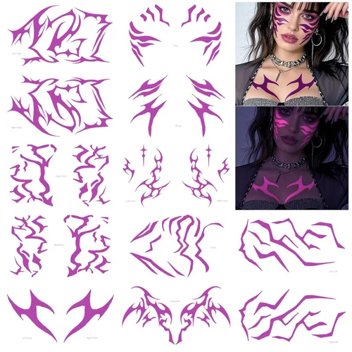 Vista 10 de 12 tatuajes temporales morados que brillan en la oscuridad, tatuajes falsos de baile para cosplay, Halloween, festival de música, maquillaje