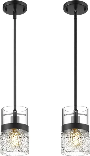 Vista 11 de LMS Lámpara colgante dorada, 1 luz colgante para isla de cocina con vidrio martillado, LMS-171