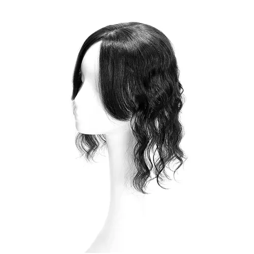Vista 3 de Peluca de cabello humano rizado tipo tupé para mujer con flequillo lateral/flecos que añaden volumen al cabello, base de seda de 5 x 5 pulgadas